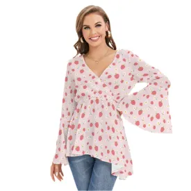 70s Style Top, 70s Style Blouse Women, Hippie Blouse, Hippie Top Women, Bell Sleeve Top Women, Boho Top, Pink Bohemian Top, Strawberry Print