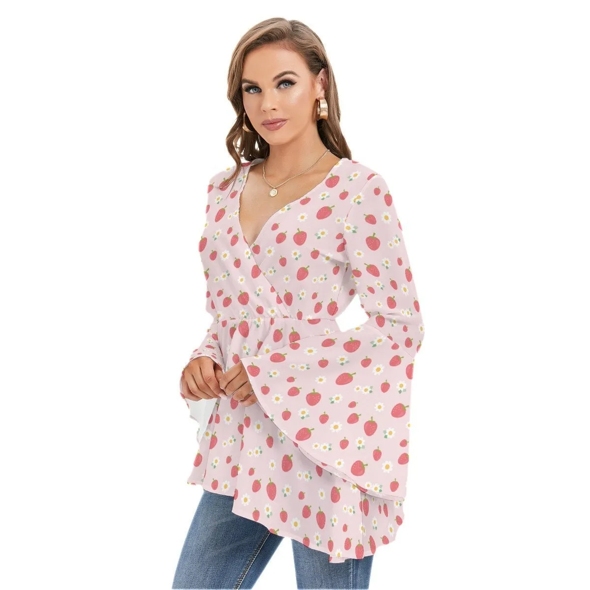 70s Style Top, 70s Style Blouse Women, Hippie Blouse, Hippie Top Women, Bell Sleeve Top Women, Boho Top, Pink Bohemian Top, Strawberry Print