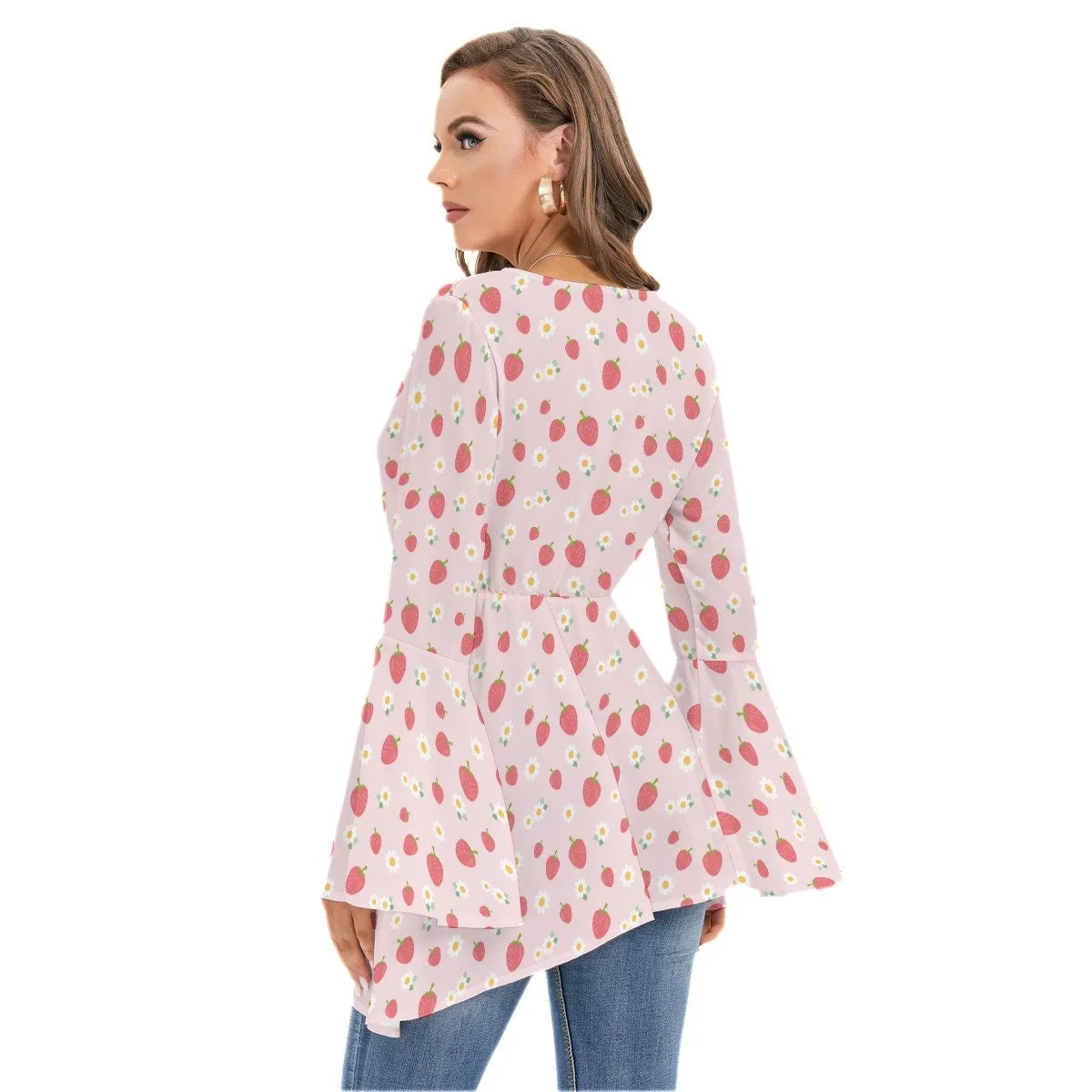 70s Style Top, 70s Style Blouse Women, Hippie Blouse, Hippie Top Women, Bell Sleeve Top Women, Boho Top, Pink Bohemian Top, Strawberry Print