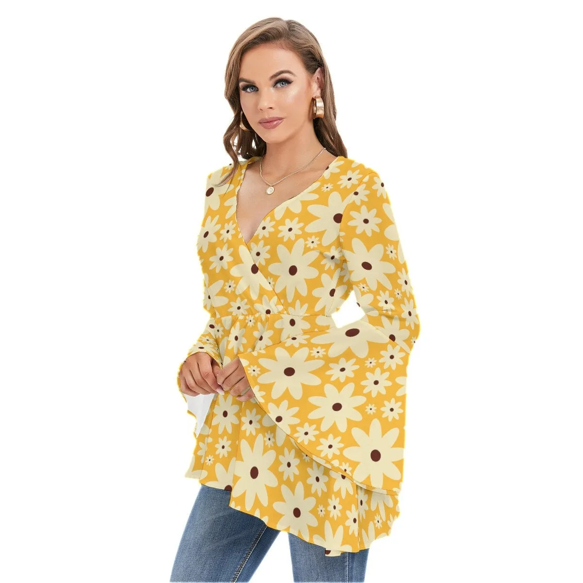 70s Style Top, 70s Style Blouse Women, Hippie Blouse, Yellow Floral Blouse, Hippie Top Women, Bell Sleeve Top Women, Boho Top, Bohemian Top