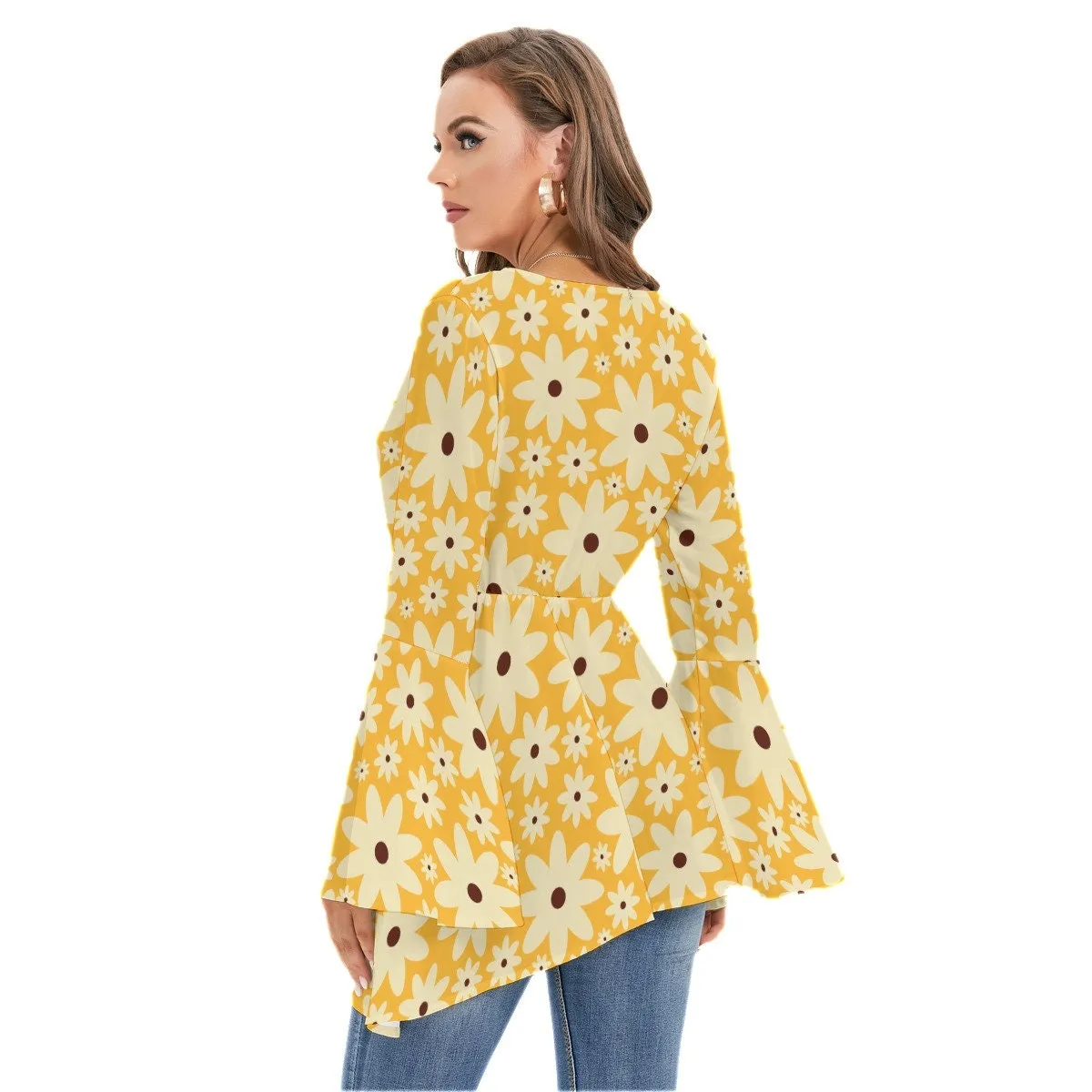 70s Style Top, 70s Style Blouse Women, Hippie Blouse, Yellow Floral Blouse, Hippie Top Women, Bell Sleeve Top Women, Boho Top, Bohemian Top