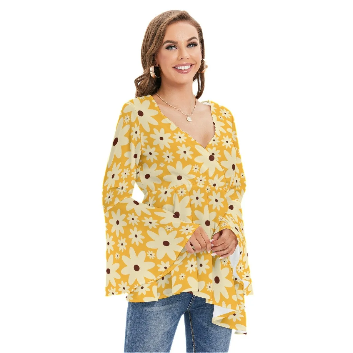 70s Style Top, 70s Style Blouse Women, Hippie Blouse, Yellow Floral Blouse, Hippie Top Women, Bell Sleeve Top Women, Boho Top, Bohemian Top