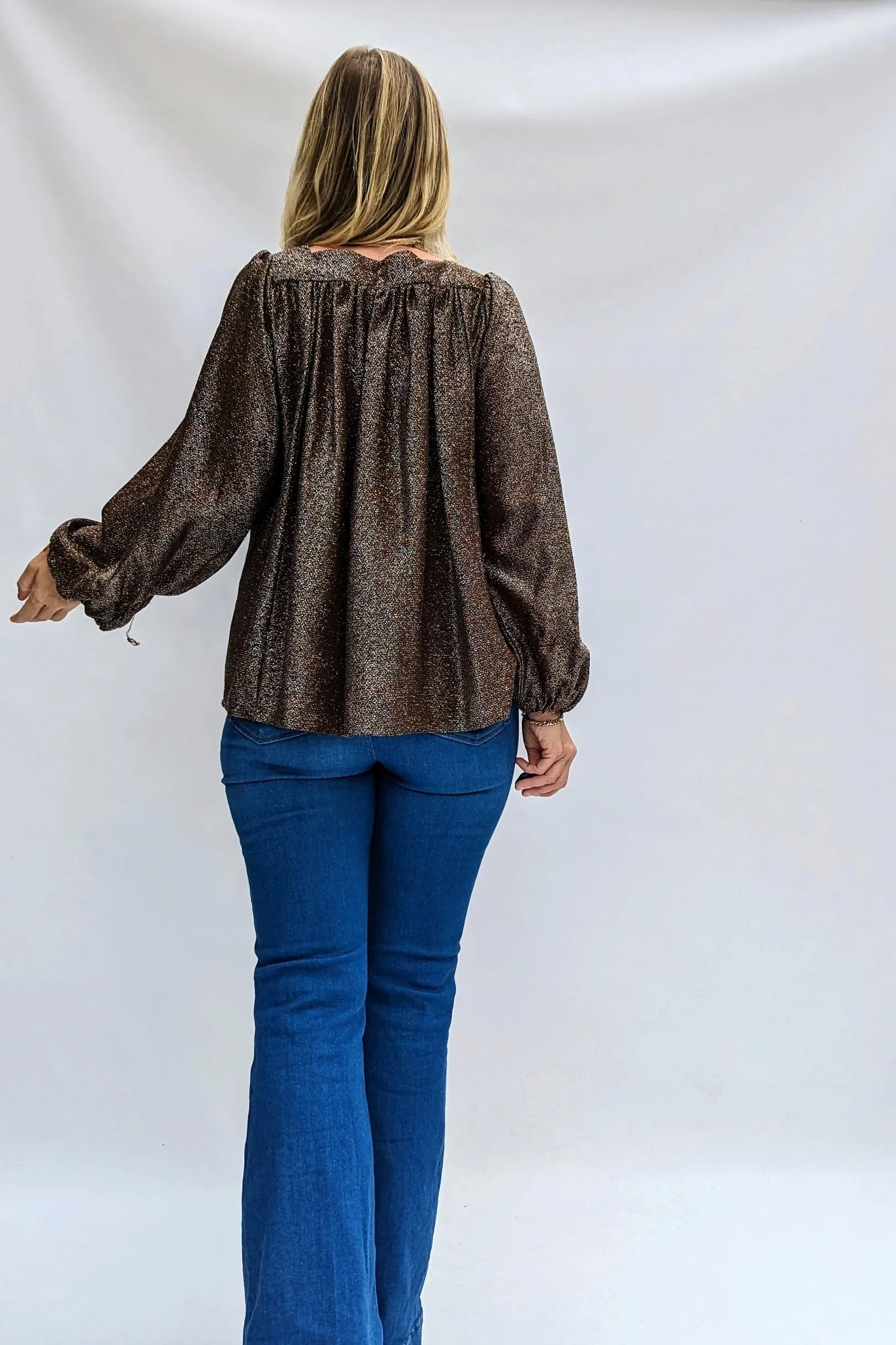 70s Vintage Richards Brown Shimmer Flared Evening Party Top