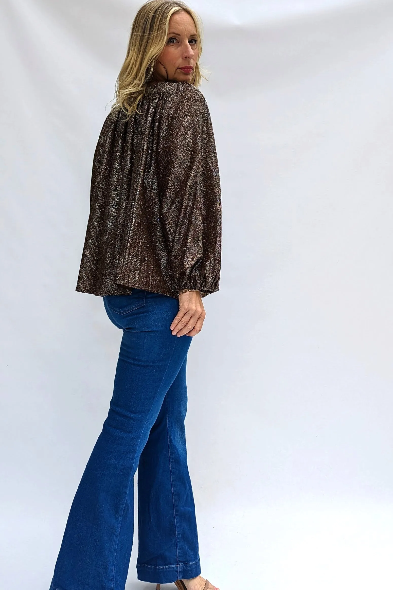 70s Vintage Richards Brown Shimmer Flared Evening Party Top