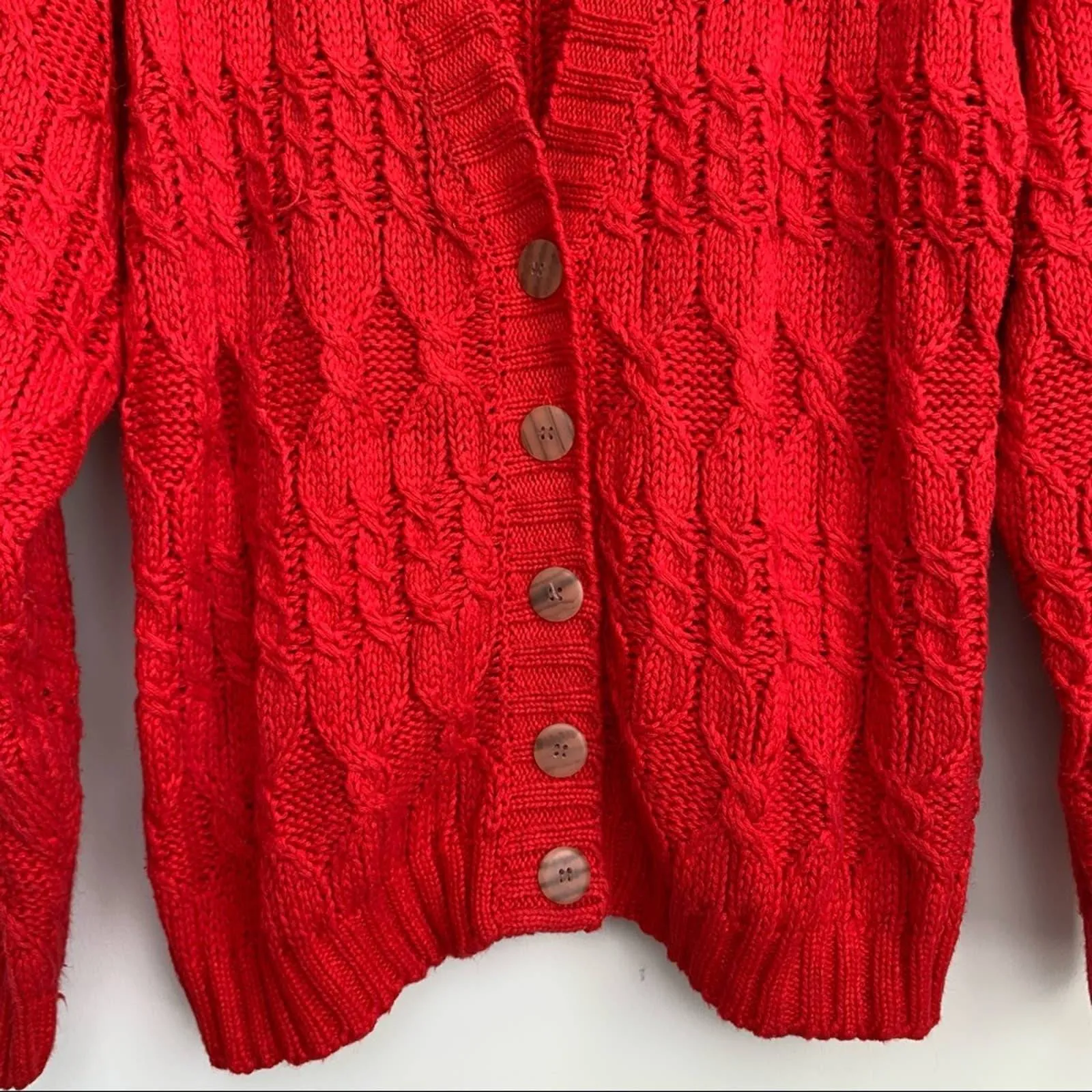 80s Baszio Red Chunky Knit Cardigan Sweater Button Down V Neck Large Cable