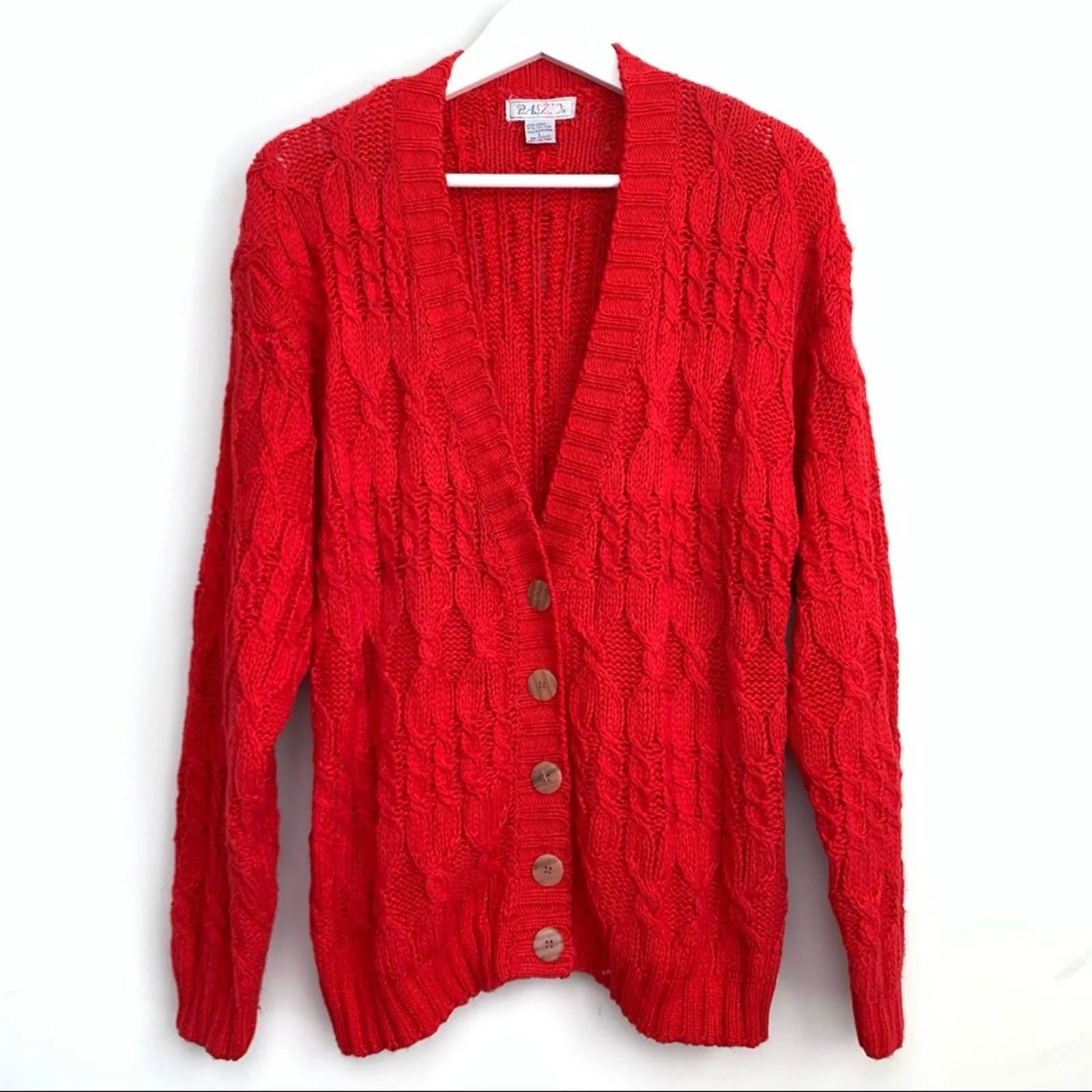 80s Baszio Red Chunky Knit Cardigan Sweater Button Down V Neck Large Cable