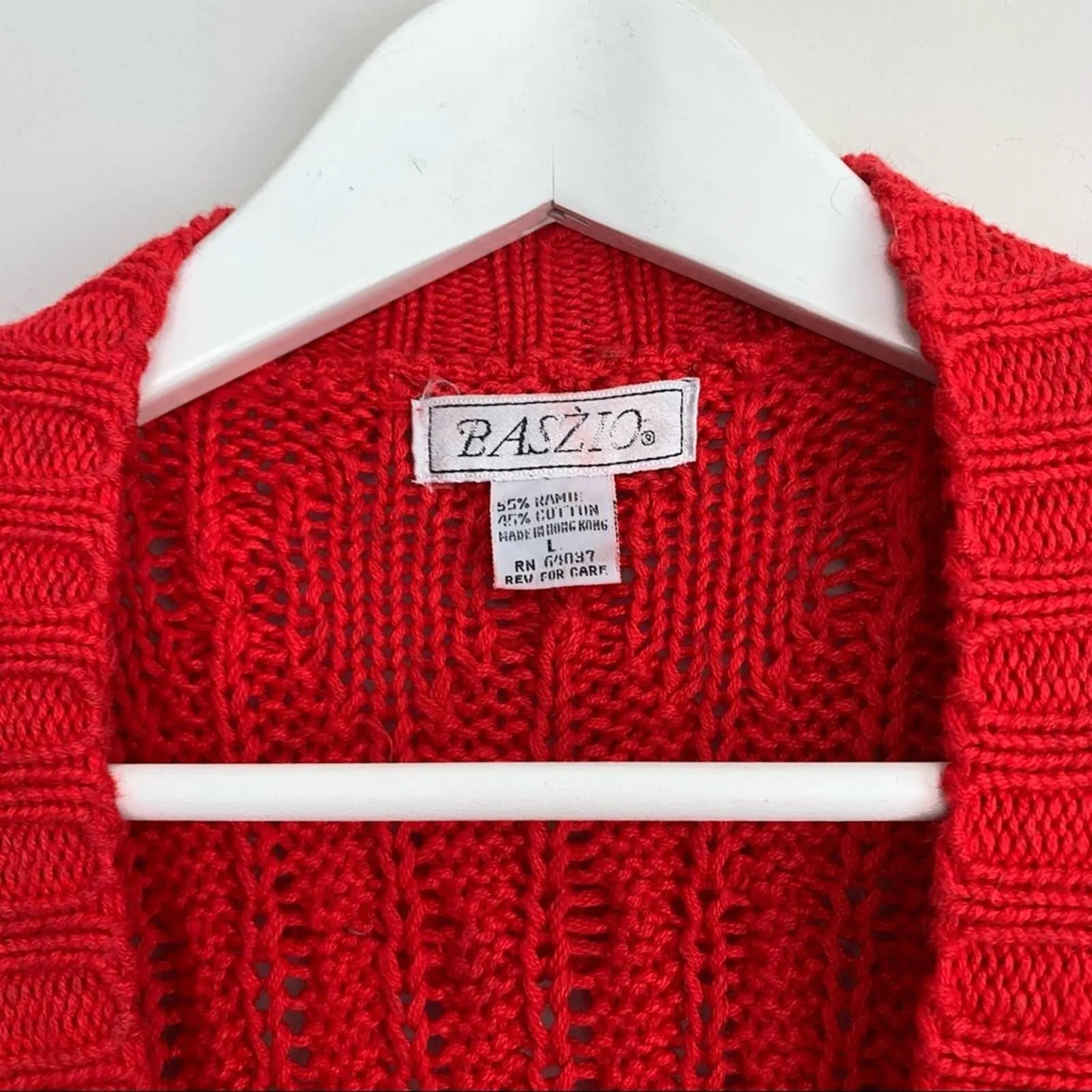 80s Baszio Red Chunky Knit Cardigan Sweater Button Down V Neck Large Cable
