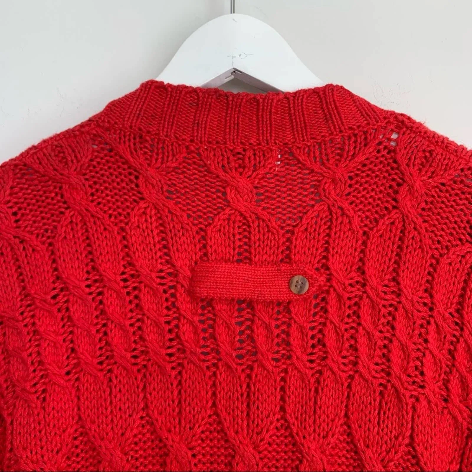 80s Baszio Red Chunky Knit Cardigan Sweater Button Down V Neck Large Cable