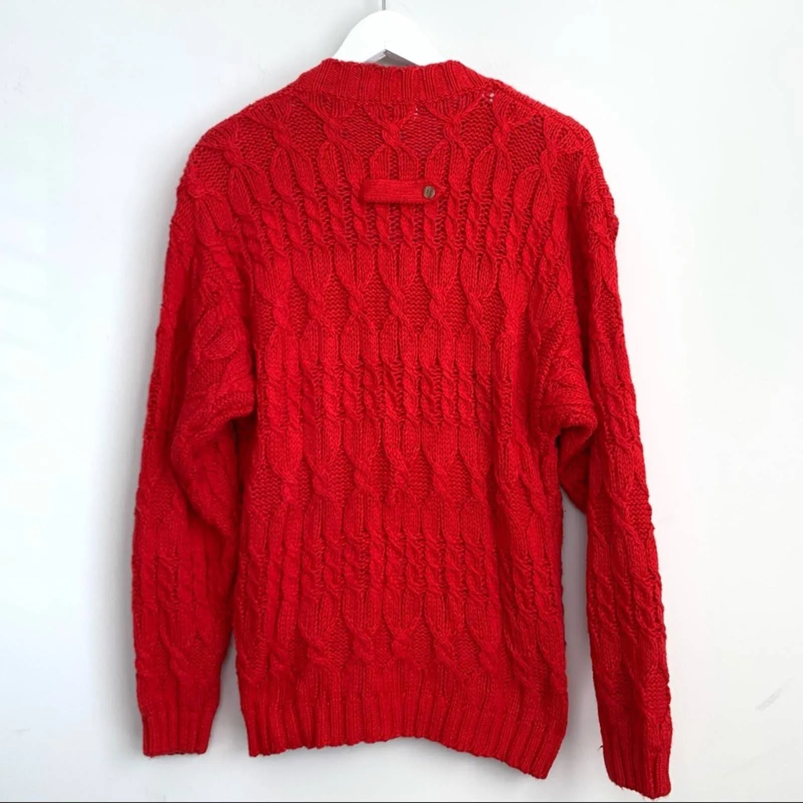 80s Baszio Red Chunky Knit Cardigan Sweater Button Down V Neck Large Cable