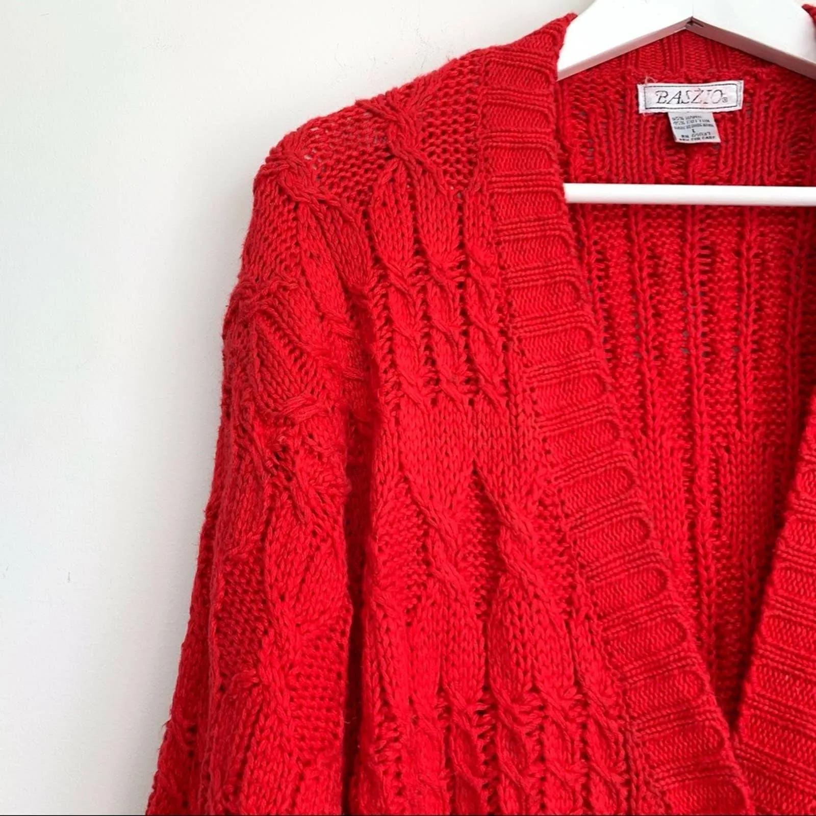 80s Baszio Red Chunky Knit Cardigan Sweater Button Down V Neck Large Cable