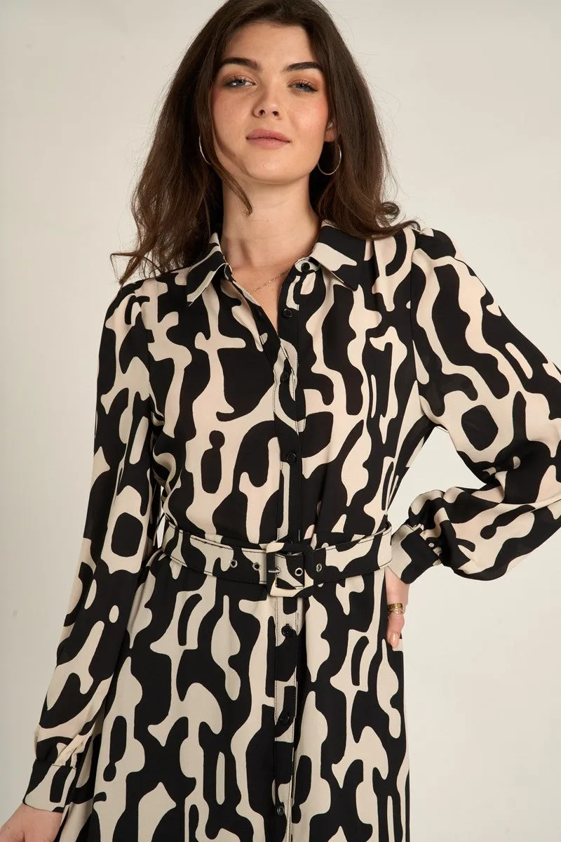 ABSTRACT PRINT BELTED SHIRT DRESS