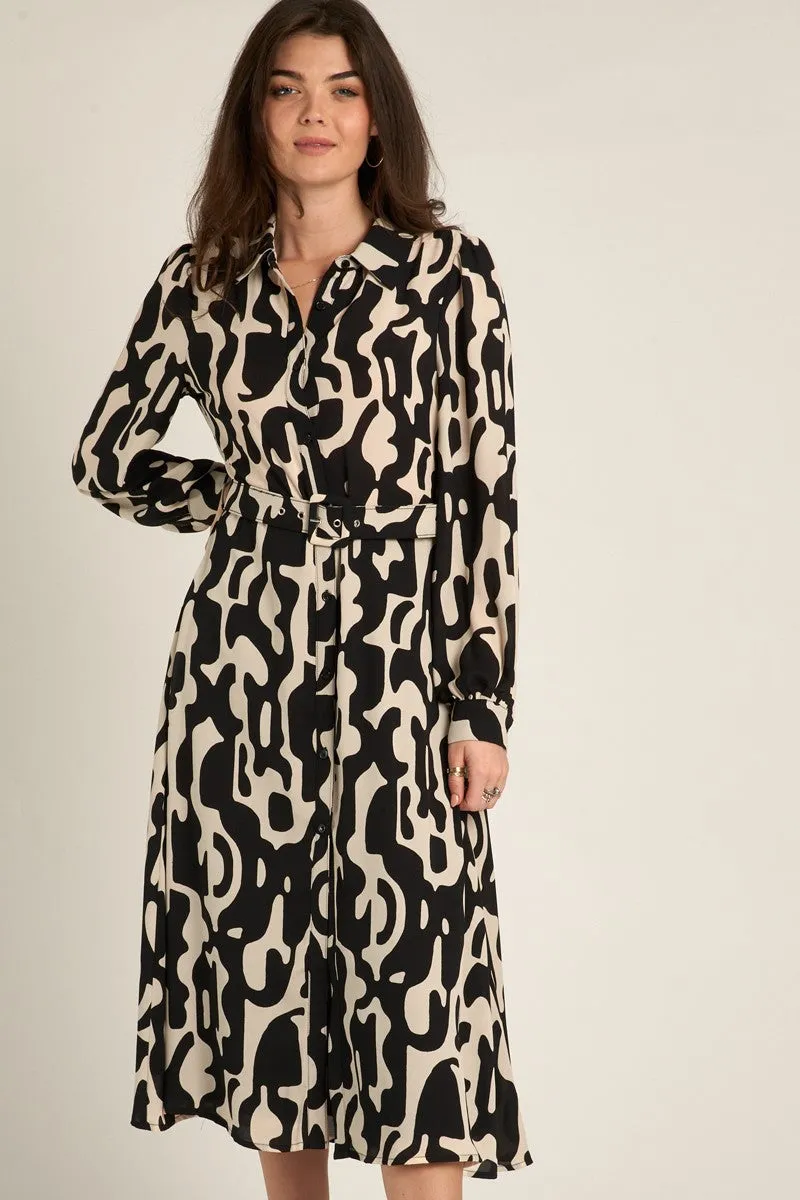 ABSTRACT PRINT BELTED SHIRT DRESS