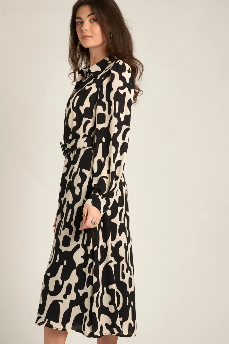 ABSTRACT PRINT BELTED SHIRT DRESS