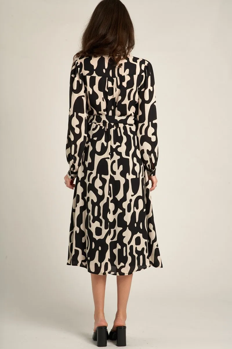 ABSTRACT PRINT BELTED SHIRT DRESS