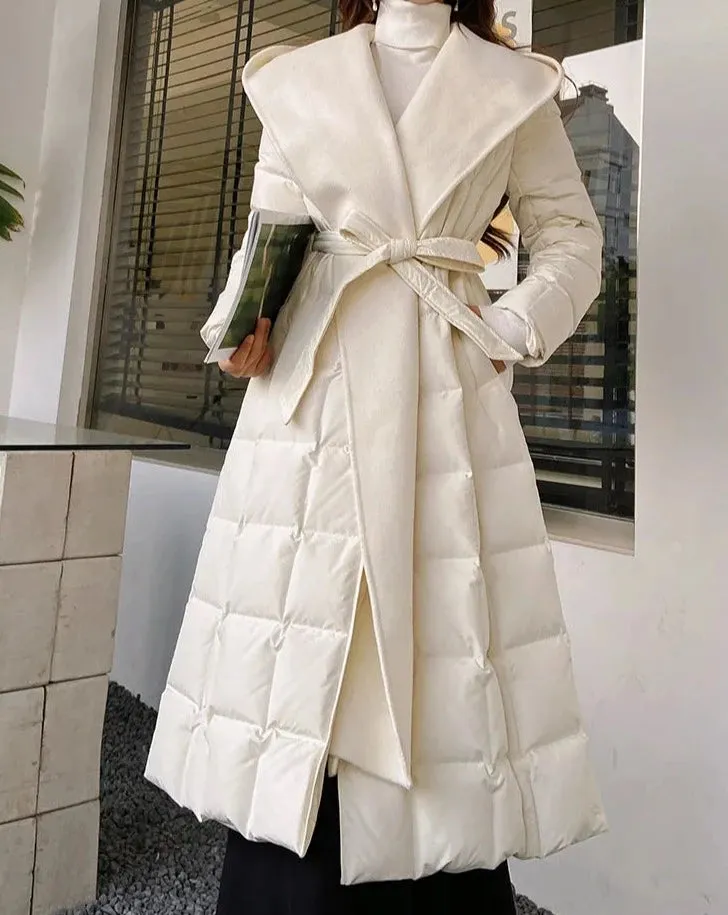 ADELYN Maxi Long Sleeve Belted Puffer Coat