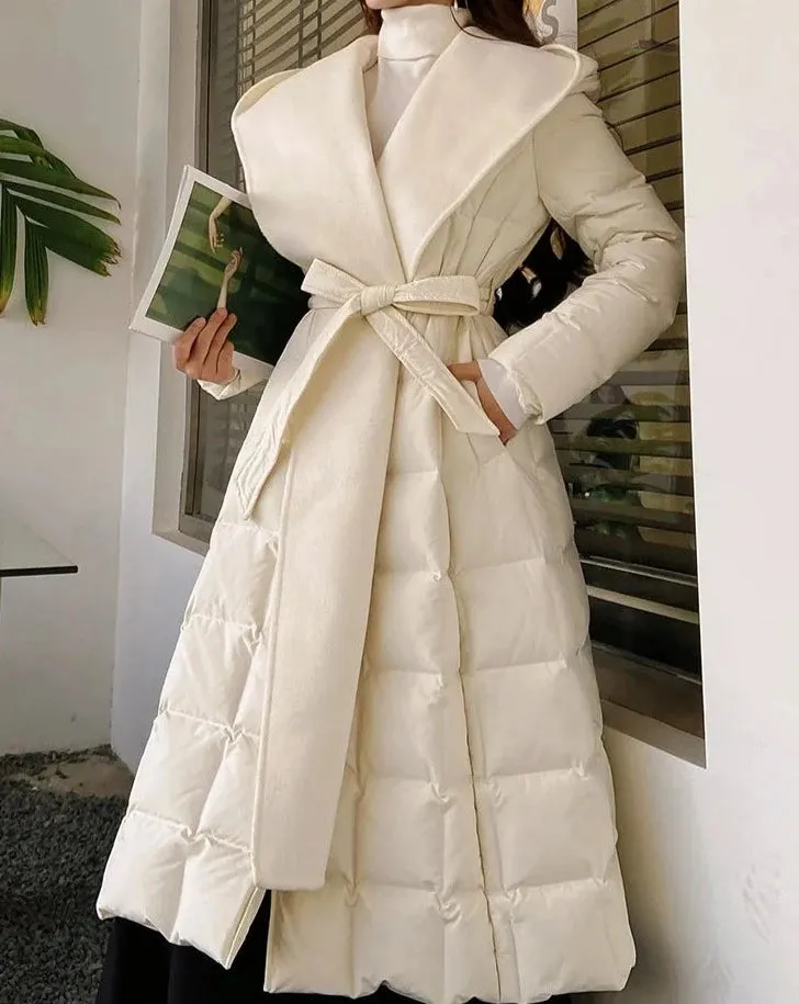 ADELYN Maxi Long Sleeve Belted Puffer Coat