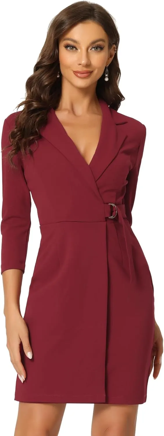 Allegra K Sheath Dress for Women's 3/4 Sleeve Knit Lapel Collar Belted Work Office Dress