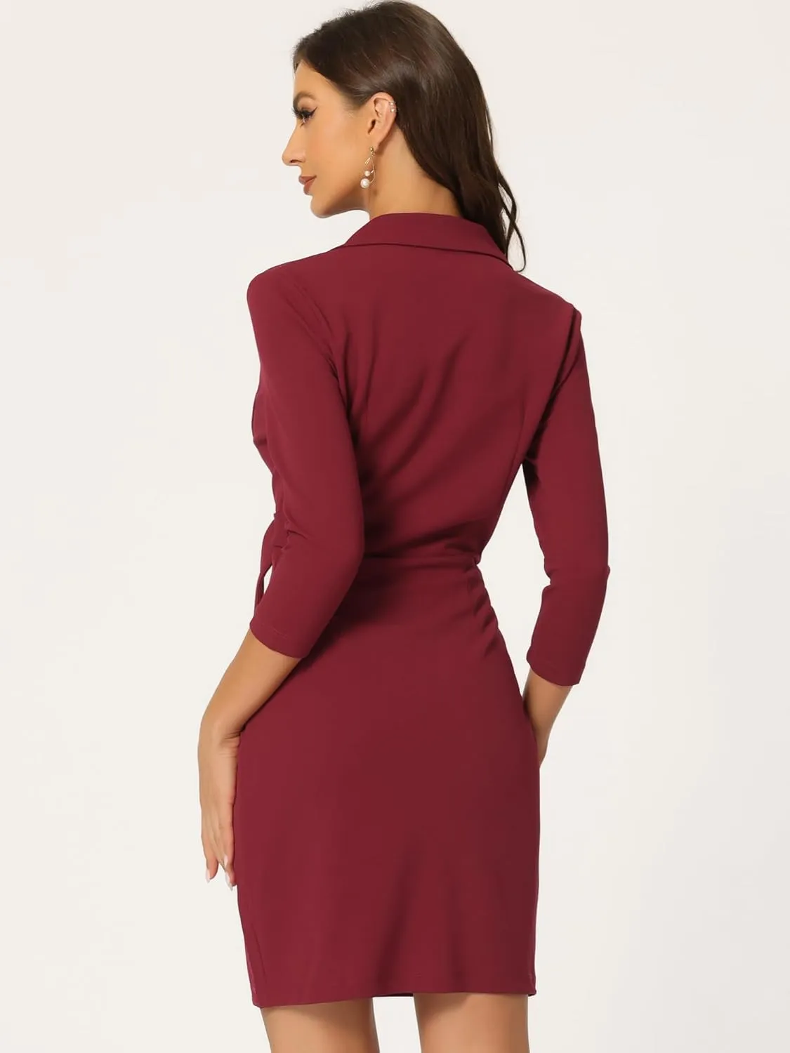 Allegra K Sheath Dress for Women's 3/4 Sleeve Knit Lapel Collar Belted Work Office Dress