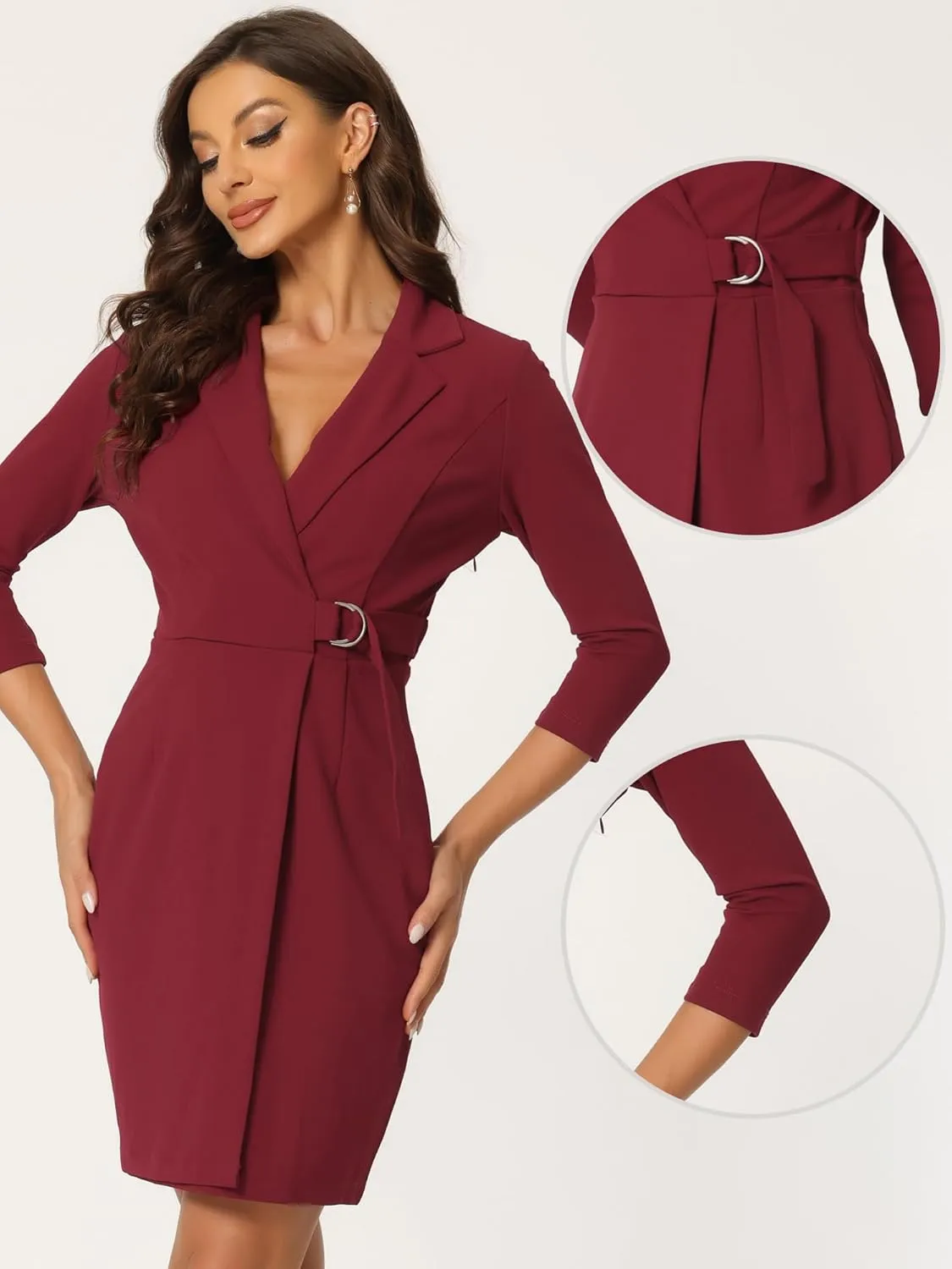 Allegra K Sheath Dress for Women's 3/4 Sleeve Knit Lapel Collar Belted Work Office Dress