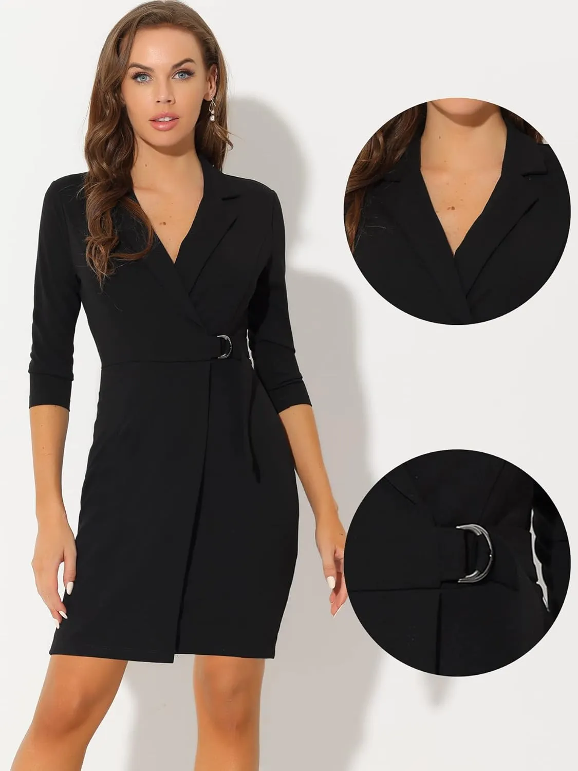 Allegra K Sheath Dress for Women's 3/4 Sleeve Knit Lapel Collar Belted Work Office Dress