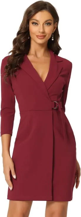 Allegra K Sheath Dress for Women's 3/4 Sleeve Knit Lapel Collar Belted Work Office Dress