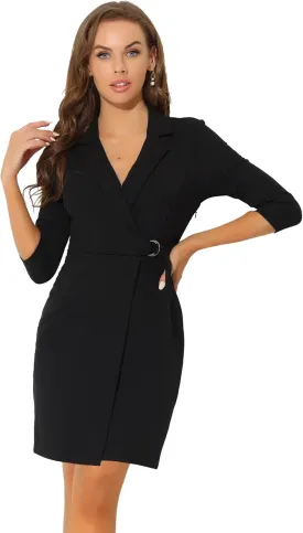 Allegra K Sheath Dress for Women's 3/4 Sleeve Knit Lapel Collar Belted Work Office Dress