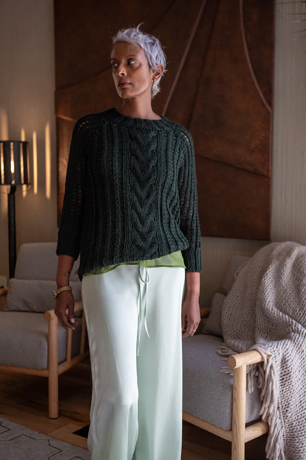 Alpaca Cable Knit Fisherman Sweater in Dark Forest