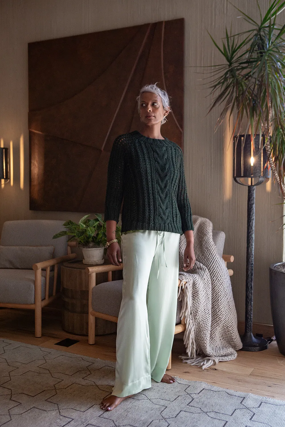 Alpaca Cable Knit Fisherman Sweater in Dark Forest