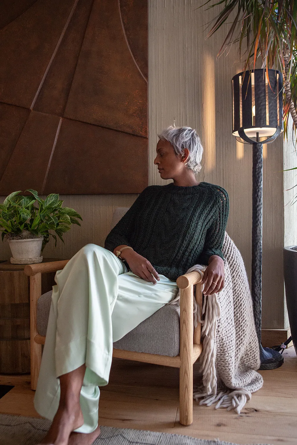 Alpaca Cable Knit Fisherman Sweater in Dark Forest