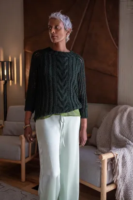Alpaca Cable Knit Fisherman Sweater in Dark Forest
