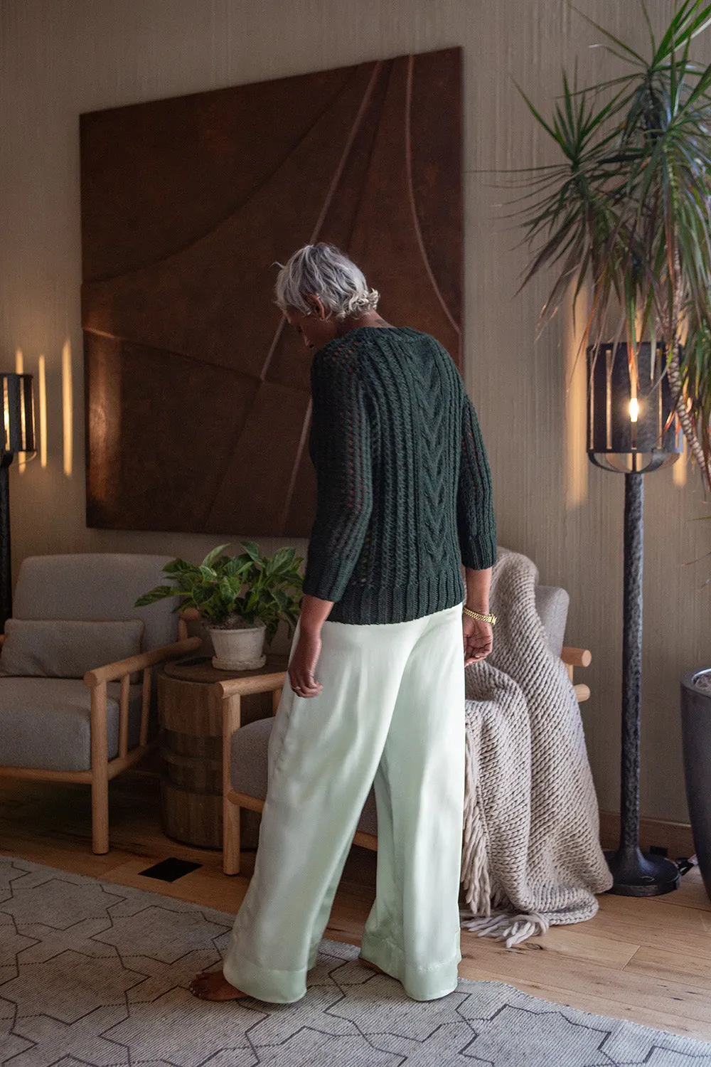 Alpaca Cable Knit Fisherman Sweater in Dark Forest