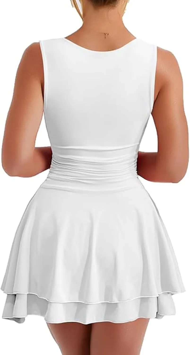 Aopwsrlyi Women's Square Neck Cap Sleeve Mini Dress Sleeveless Back Zipper A Line Party Club Dresses