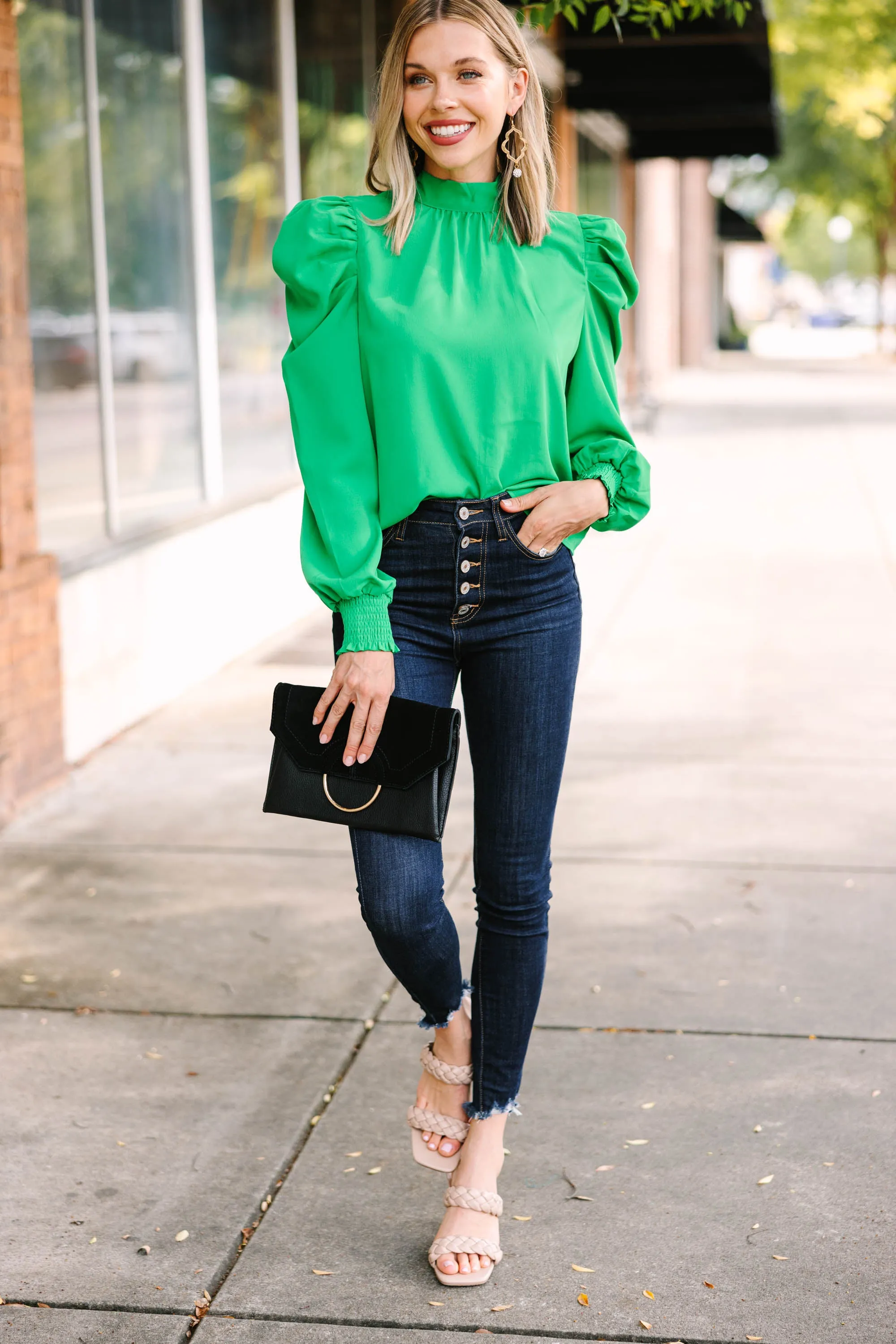 Be A Stand Out Green Puff Sleeve Blouse