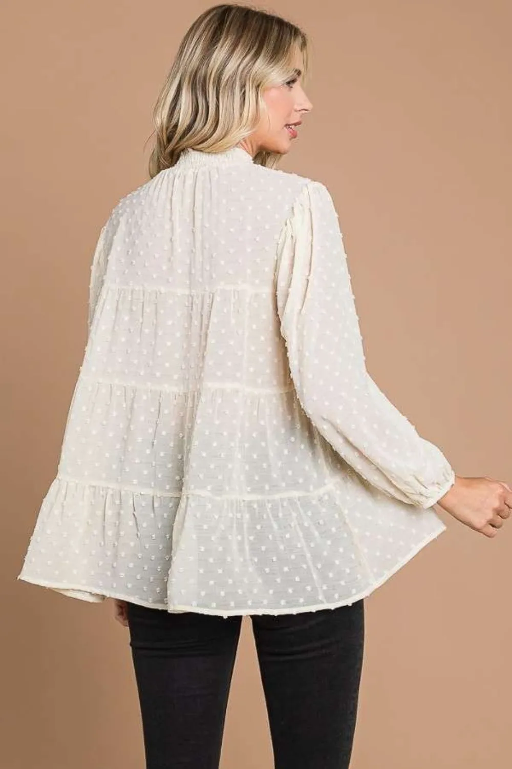 Blue Zone Planet |  Culture Code Full Size Swiss Dot Smocked Mock Neck Blouse