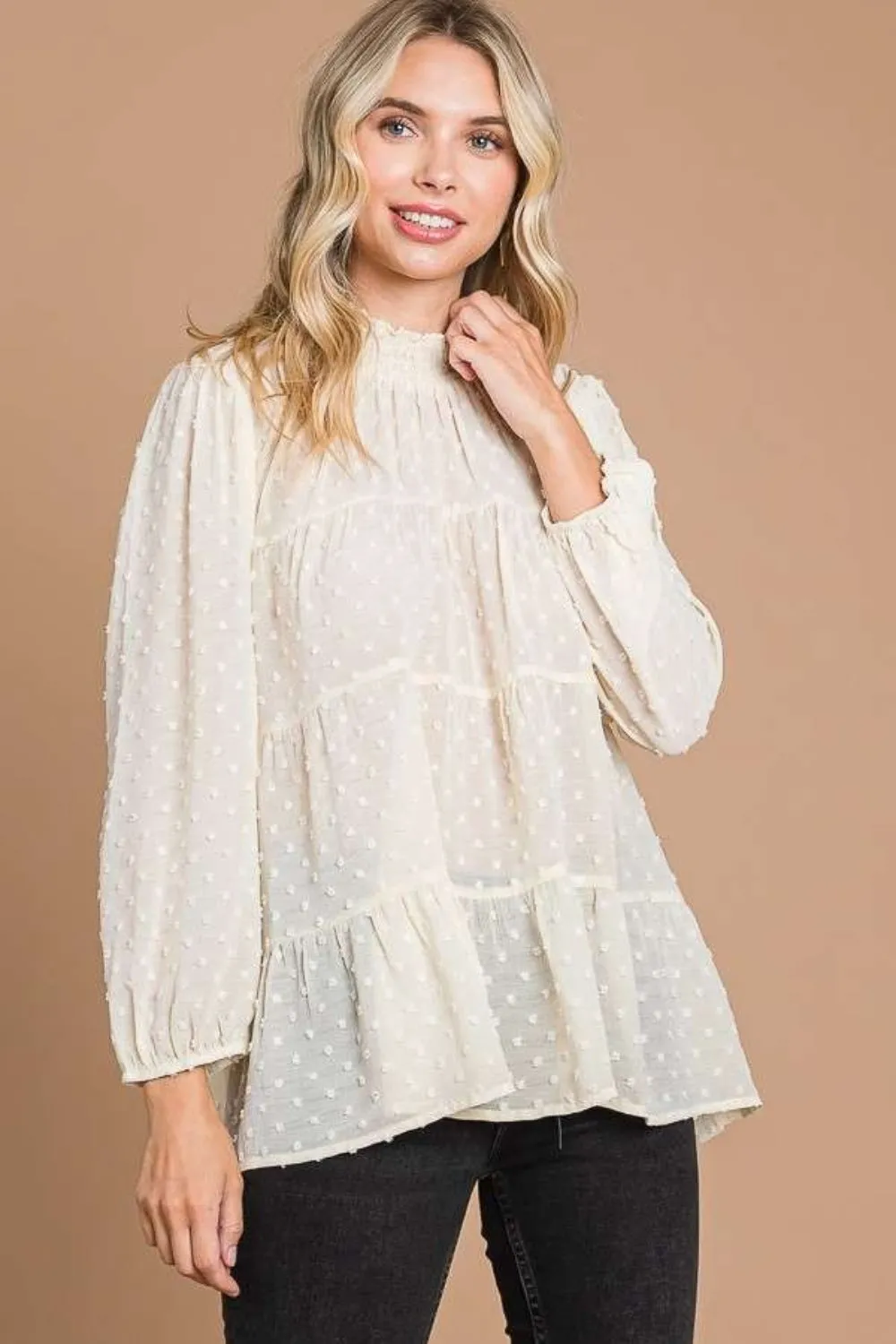 Blue Zone Planet |  Culture Code Full Size Swiss Dot Smocked Mock Neck Blouse