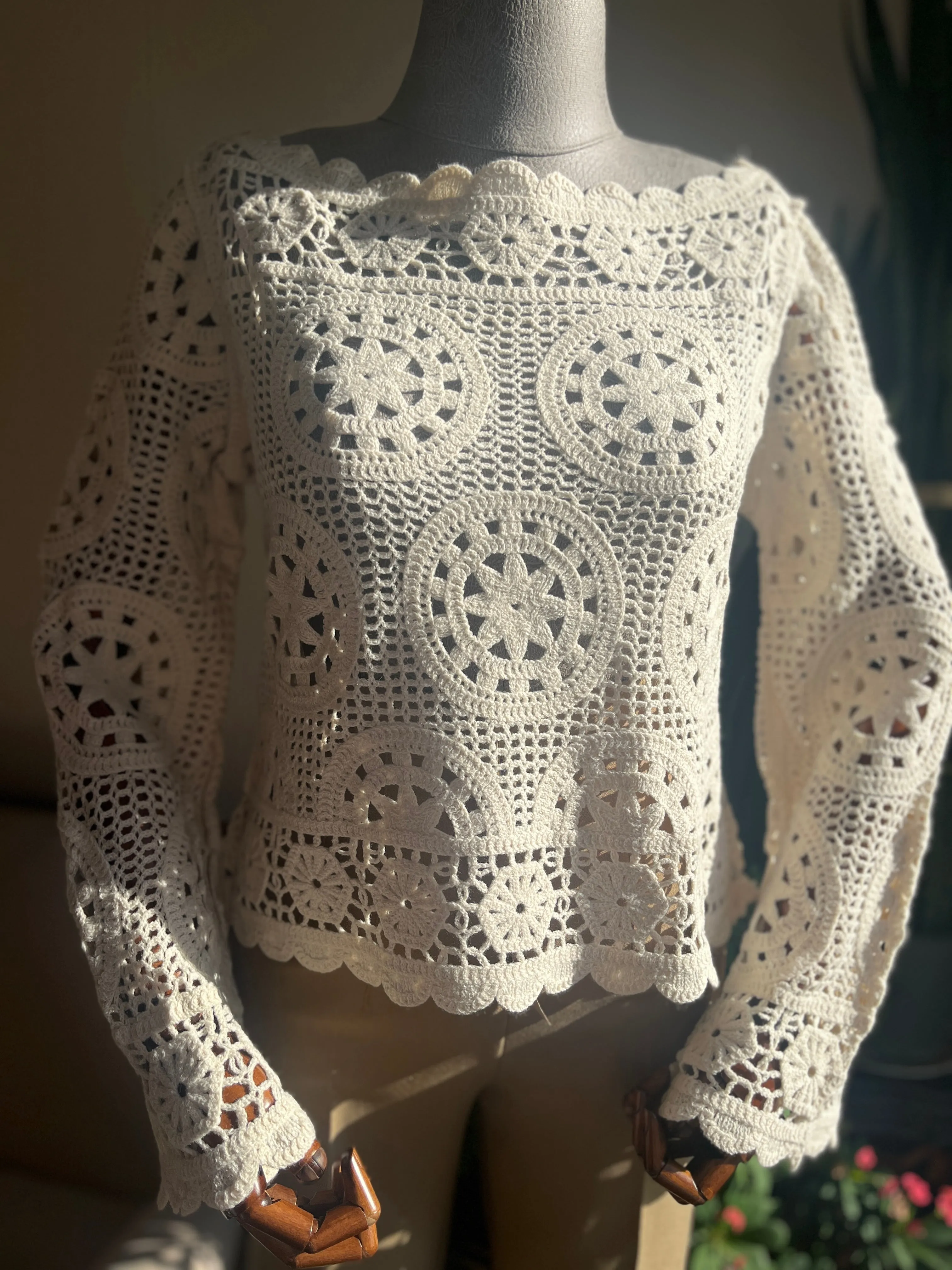 Boho Style Crochet Blouse with Flared Sleeves and Ethnic Patterns – Open Beige Top