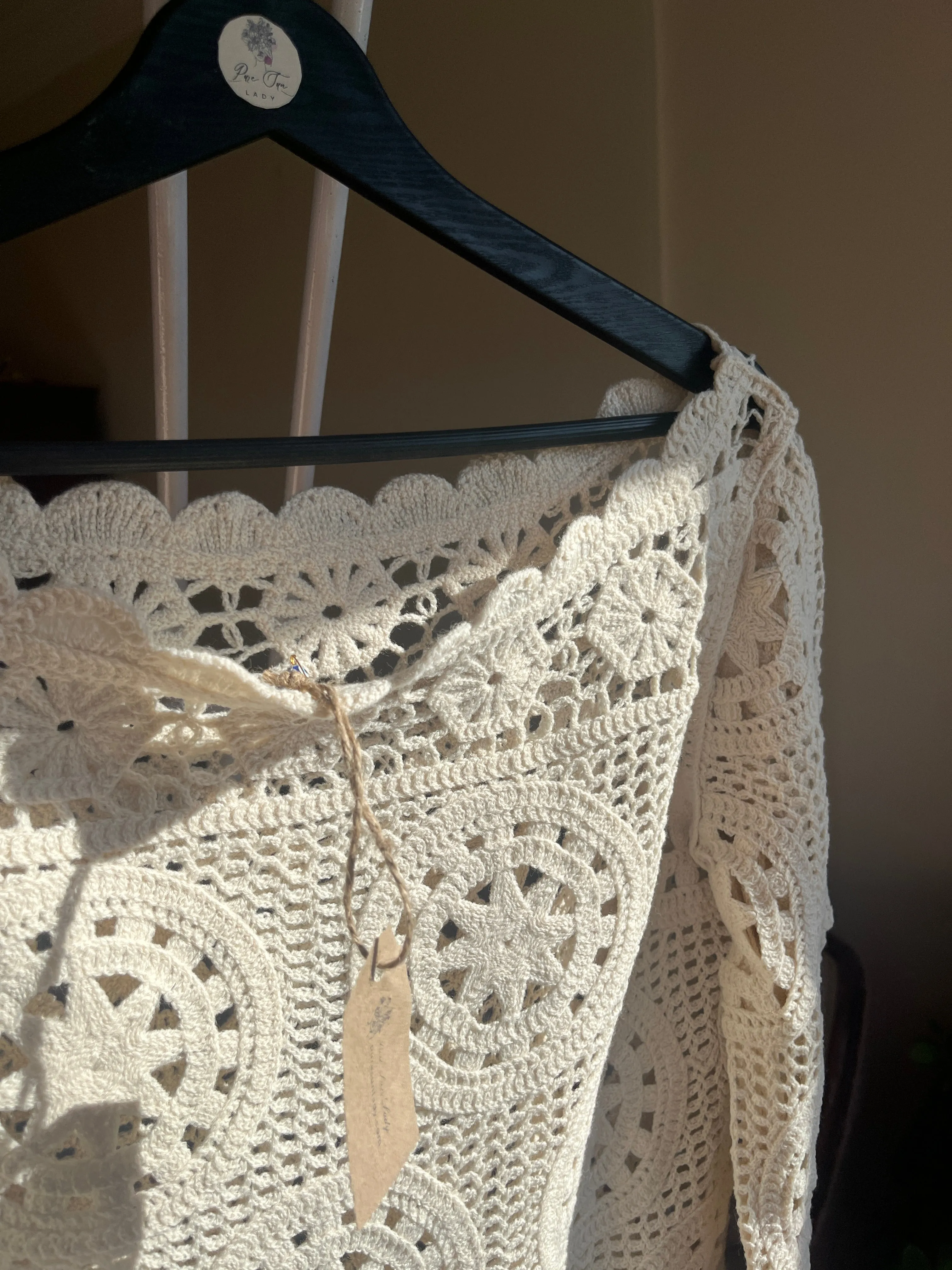 Boho Style Crochet Blouse with Flared Sleeves and Ethnic Patterns – Open Beige Top