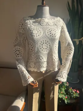 Boho Style Crochet Blouse with Flared Sleeves and Ethnic Patterns – Open Beige Top