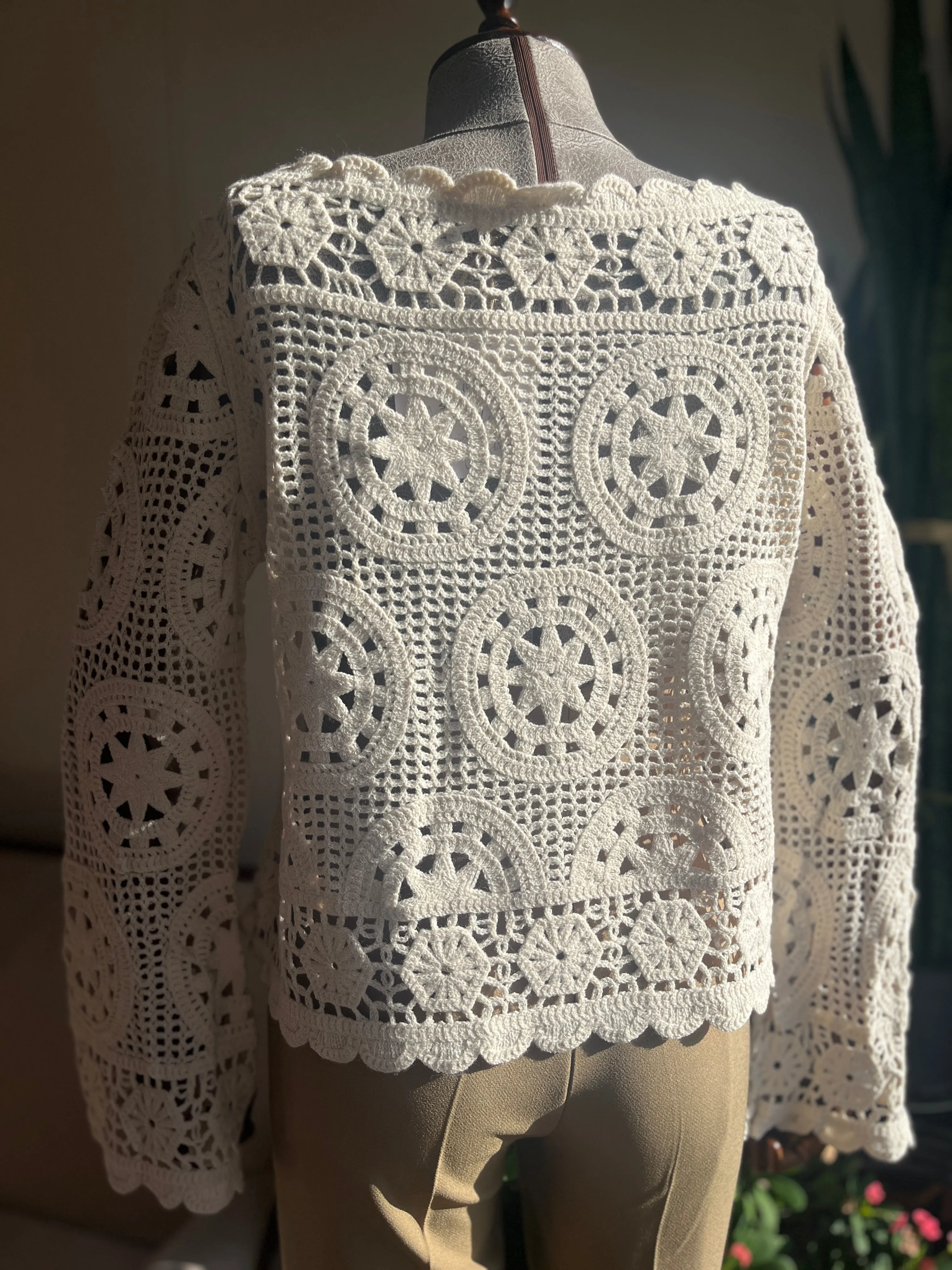 Boho Style Crochet Blouse with Flared Sleeves and Ethnic Patterns – Open Beige Top