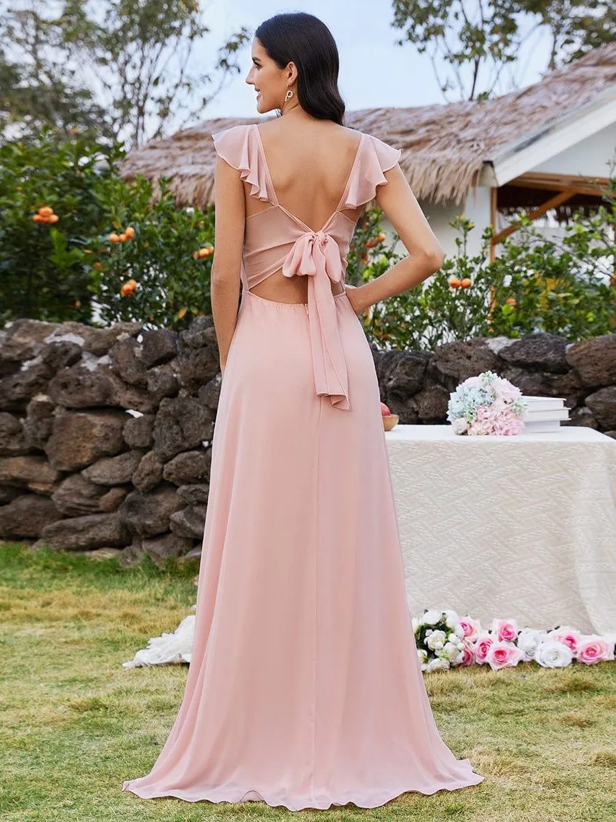 Bow-Tie Back High Slit U-Neck Maxi Dress in Pink