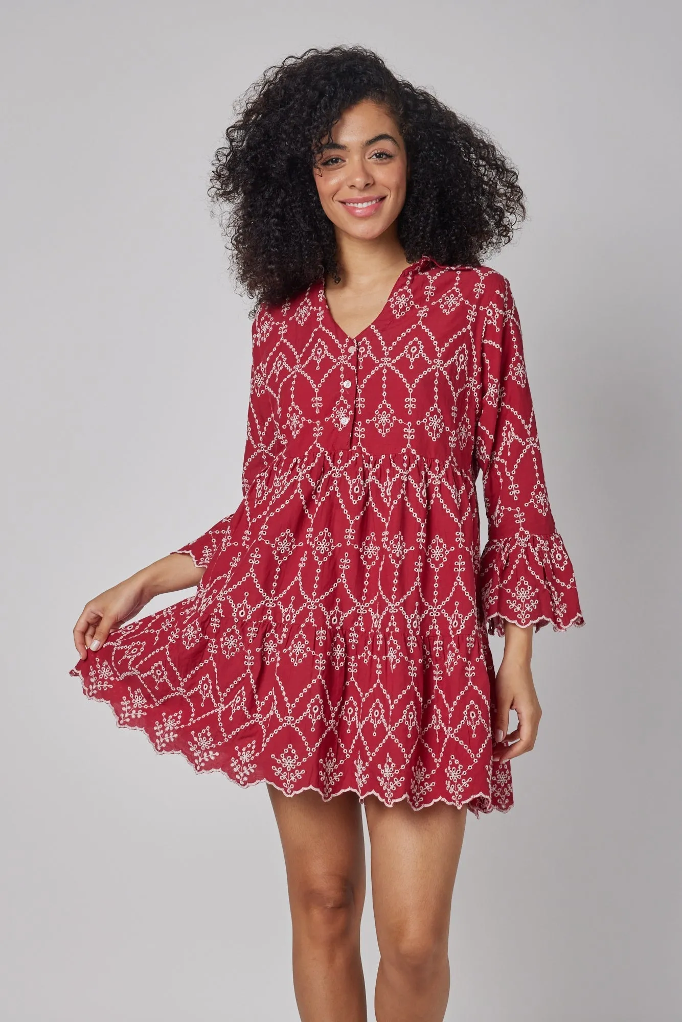 Cadenza Flared Sleeve Eyelet Empire Short Dress