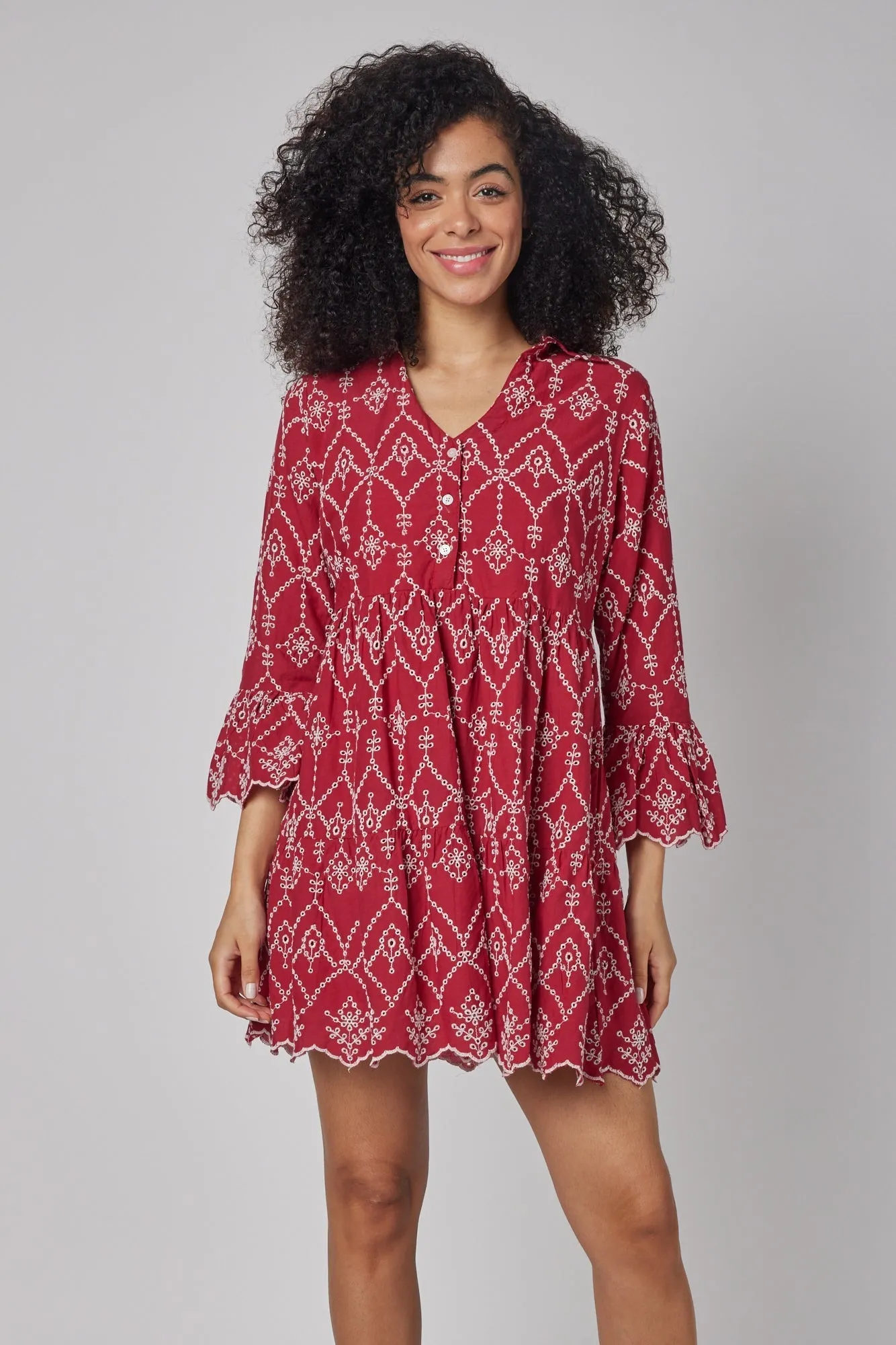 Cadenza Flared Sleeve Eyelet Empire Short Dress