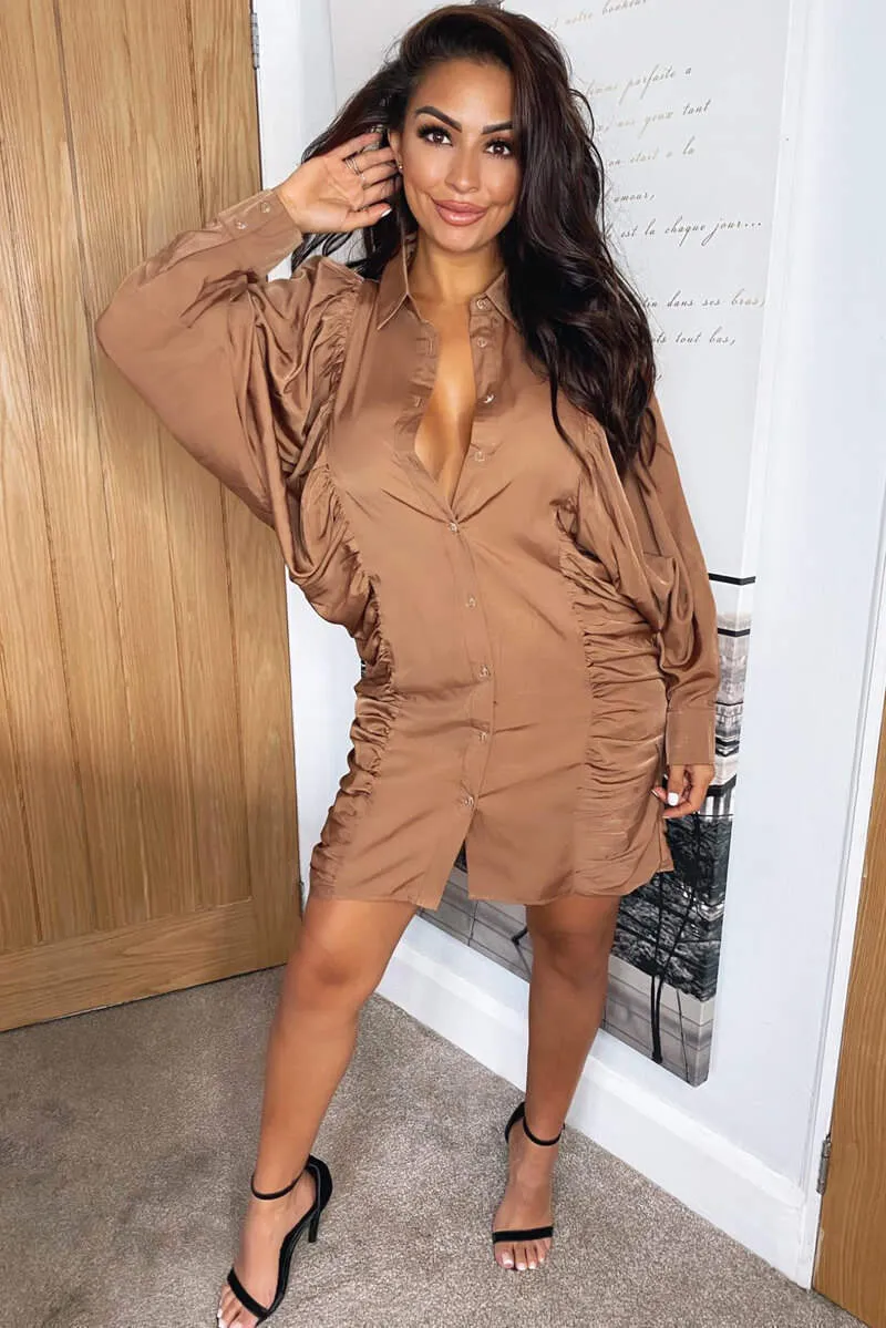 Camel Balloon Sleeve Ruched Shirt Dress