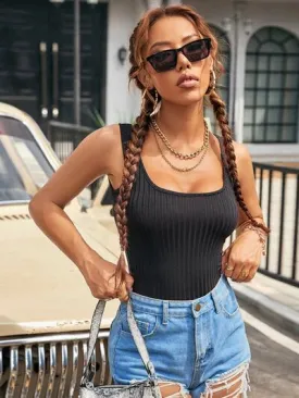 Chic Ribbed Square Neck Tank with Wide Straps