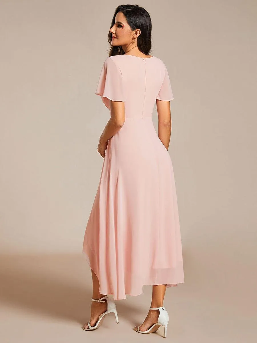 Chiffon Elegance Short Sleeve High-Low Dress In Pink