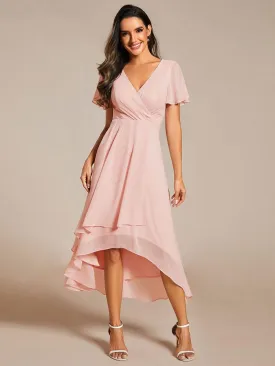 Chiffon Elegance Short Sleeve High-Low Dress In Pink