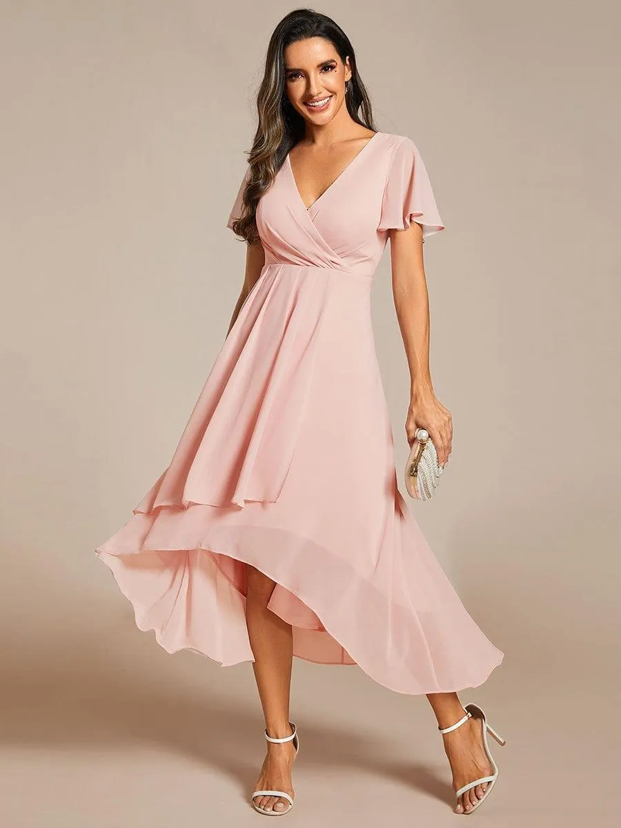Chiffon Elegance Short Sleeve High-Low Dress In Pink