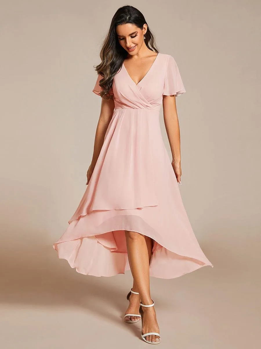 Chiffon Elegance Short Sleeve High-Low Dress In Pink