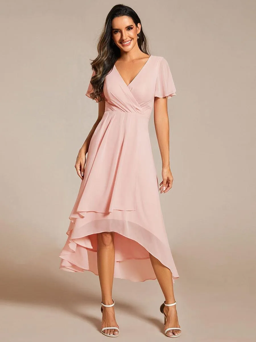 Chiffon Elegance Short Sleeve High-Low Dress In Pink
