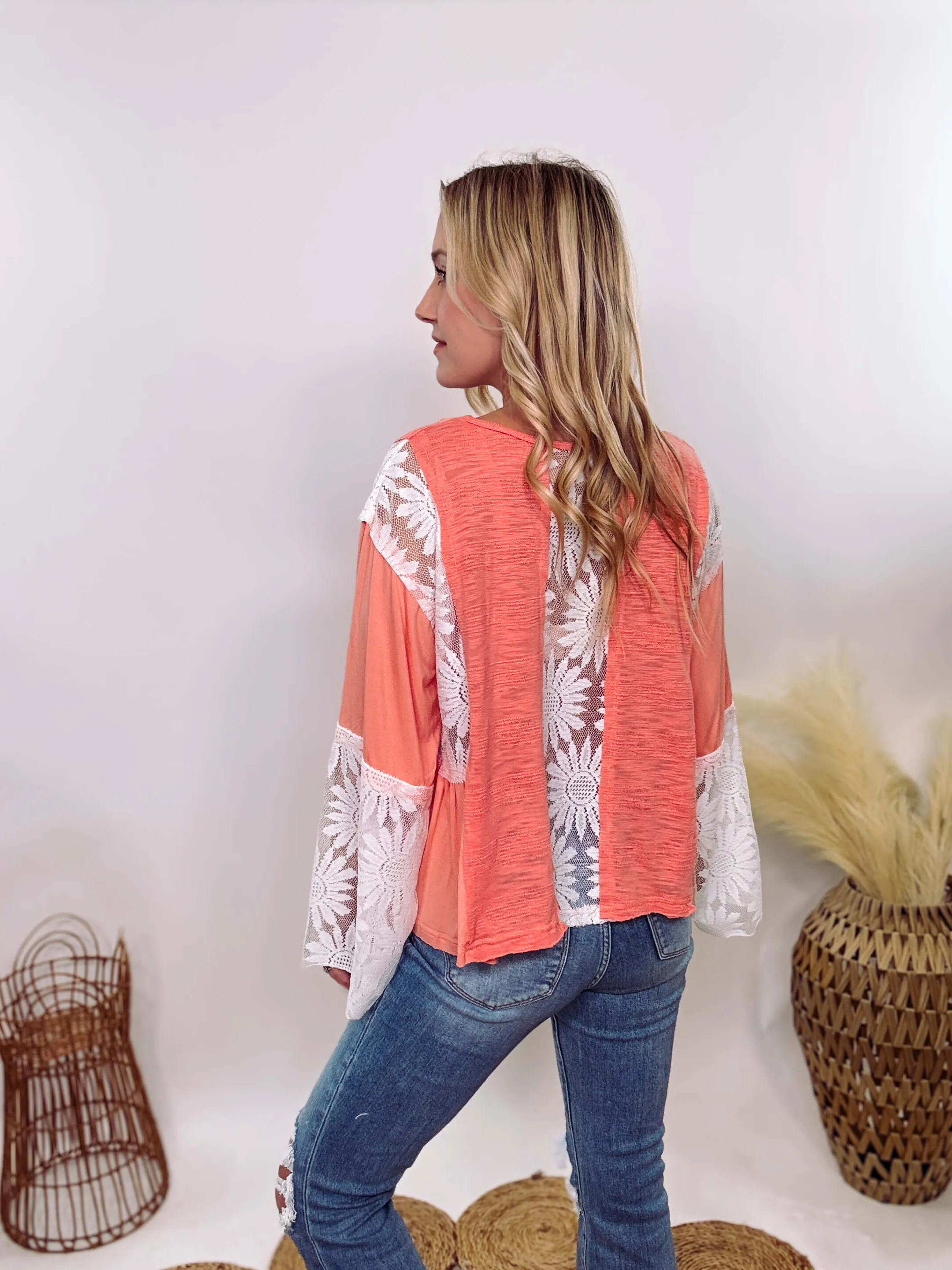 Coral Peach Boho Lace Flare Sleeve V-Neck Top